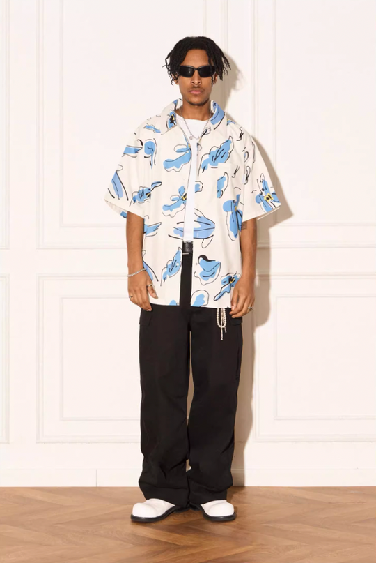 EMPTY REFERENCE White Blue Flower Short Sleeve Shirt