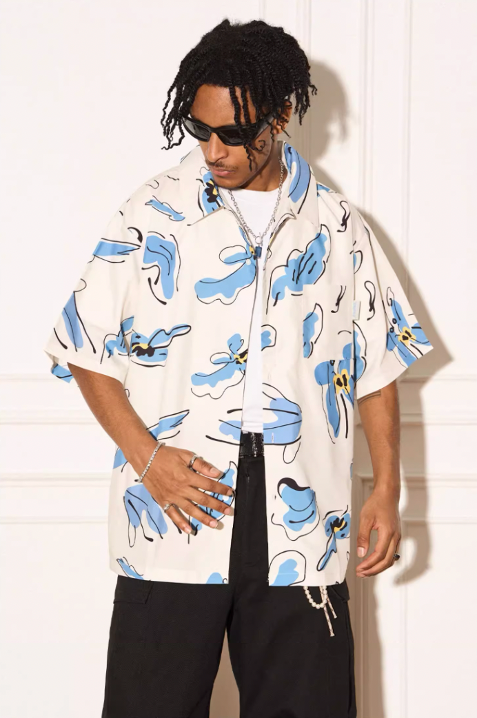 EMPTY REFERENCE White Blue Flower Short Sleeve Shirt