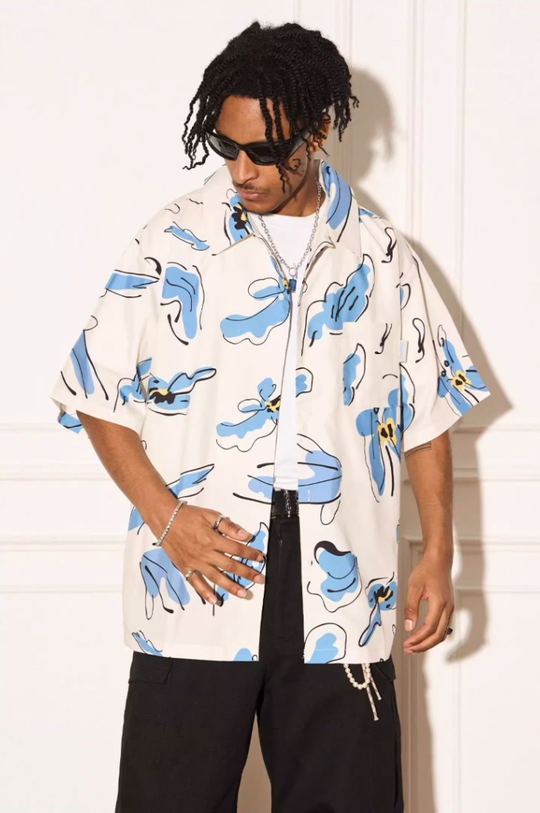 EMPTY REFERENCE White Blue Flower Short Sleeve Shirt