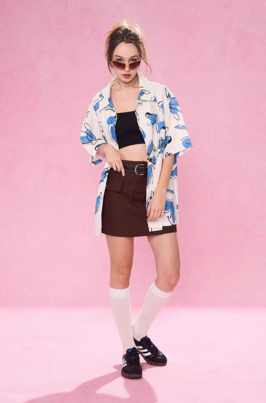 EMPTY REFERENCE White Blue Flower Short Sleeve Shirt