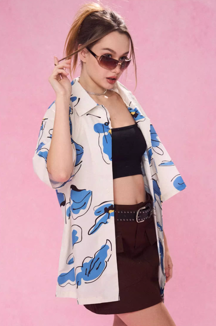 EMPTY REFERENCE White Blue Flower Short Sleeve Shirt