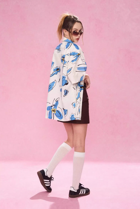 EMPTY REFERENCE White Blue Flower Short Sleeve Shirt