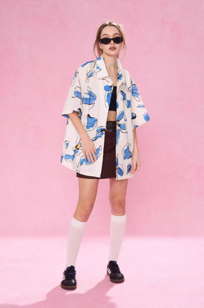 EMPTY REFERENCE White Blue Flower Short Sleeve Shirt