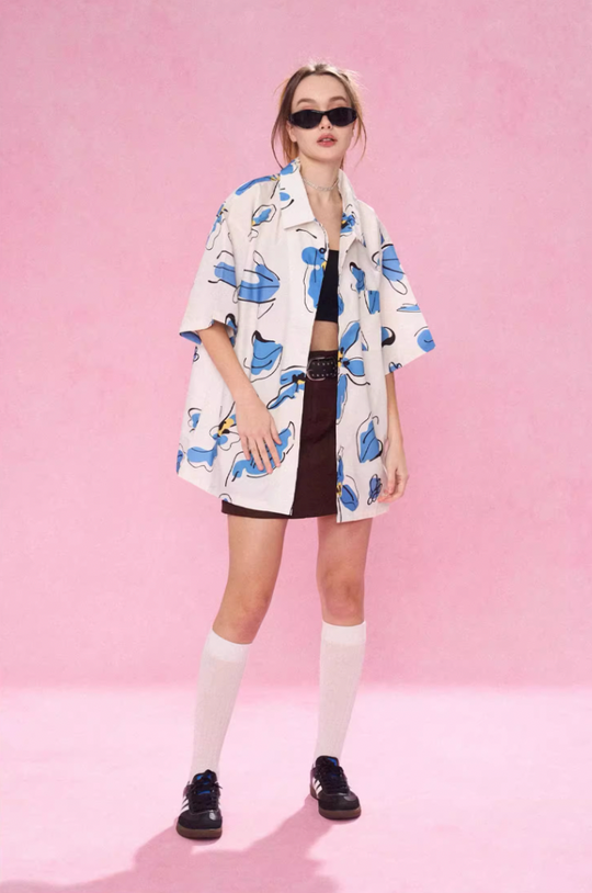 EMPTY REFERENCE White Blue Flower Short Sleeve Shirt