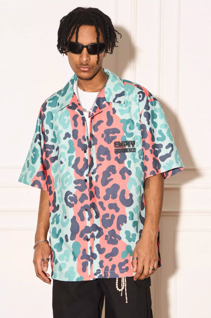 EMPTY REFERENCE Color Clash Leopard Print Short Sleeve Shirt