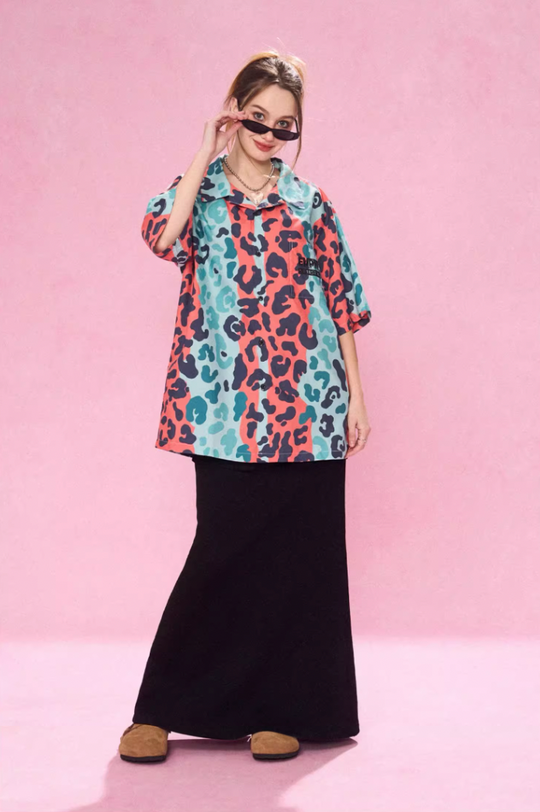 EMPTY REFERENCE Color Clash Leopard Print Short Sleeve Shirt