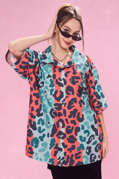 EMPTY REFERENCE Color Clash Leopard Print Short Sleeve Shirt