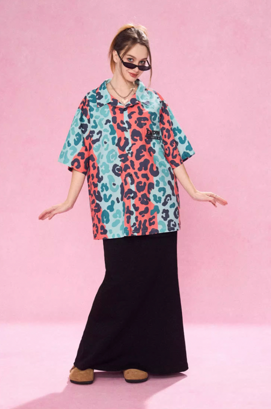 EMPTY REFERENCE Color Clash Leopard Print Short Sleeve Shirt