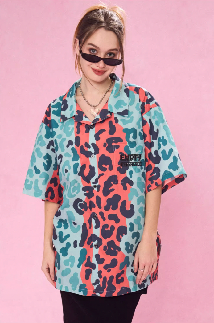 EMPTY REFERENCE Color Clash Leopard Print Short Sleeve Shirt
