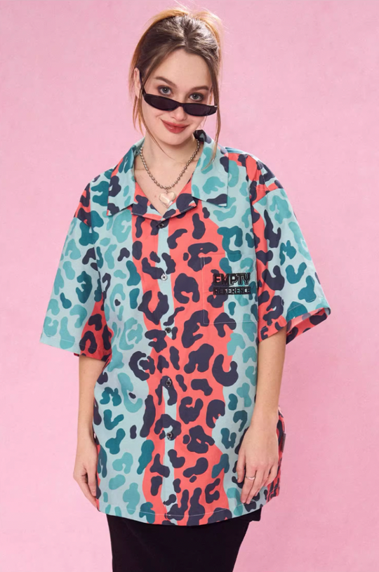 EMPTY REFERENCE Color Clash Leopard Print Short Sleeve Shirt