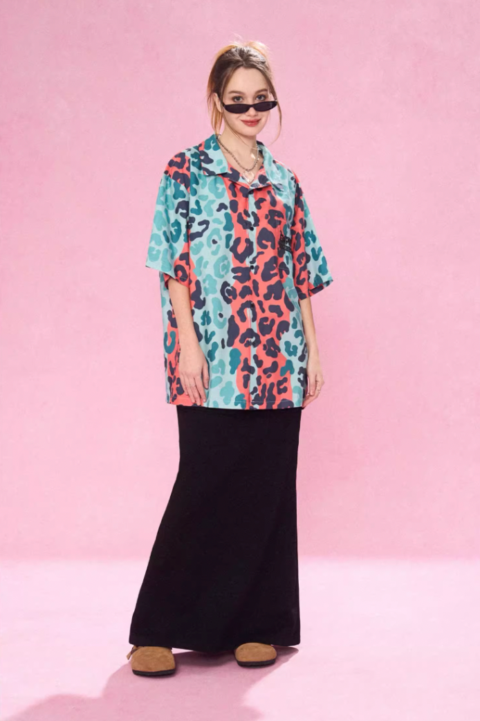 EMPTY REFERENCE Color Clash Leopard Print Short Sleeve Shirt