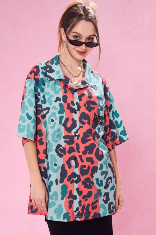 EMPTY REFERENCE Color Clash Leopard Print Short Sleeve Shirt