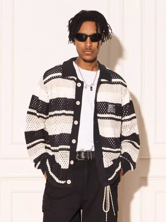 EMPTY REFERENCE Woven Striped Knit Cardigan