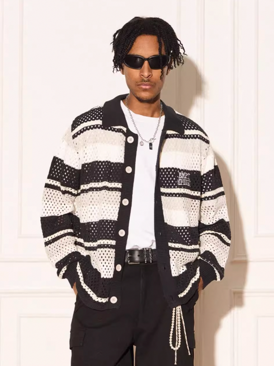 EMPTY REFERENCE Woven Striped Knit Cardigan
