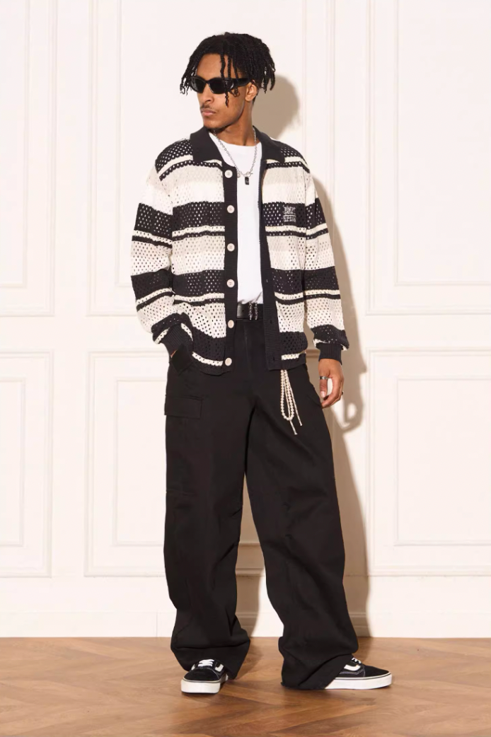 EMPTY REFERENCE Woven Striped Knit Cardigan