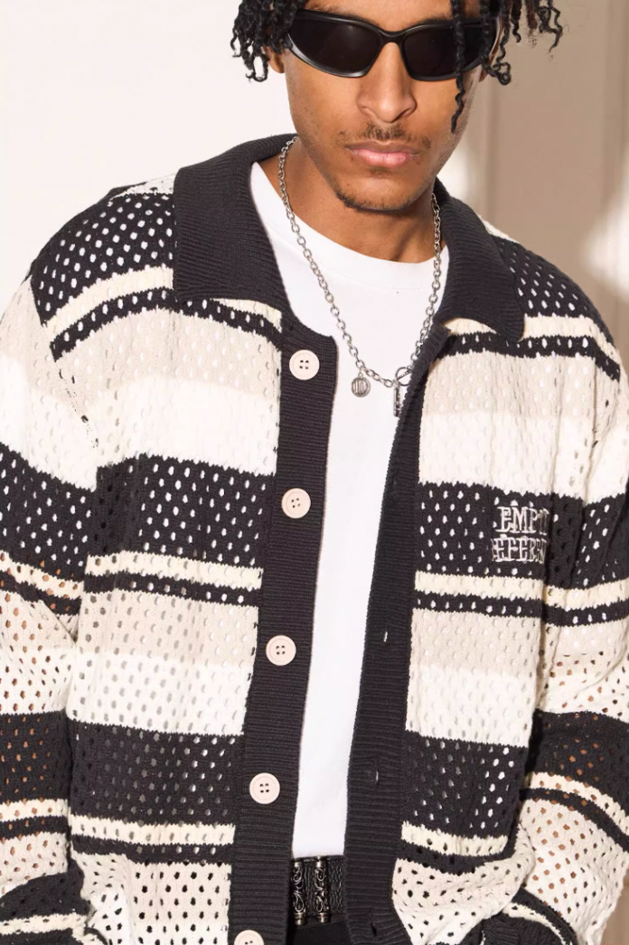 EMPTY REFERENCE Woven Striped Knit Cardigan