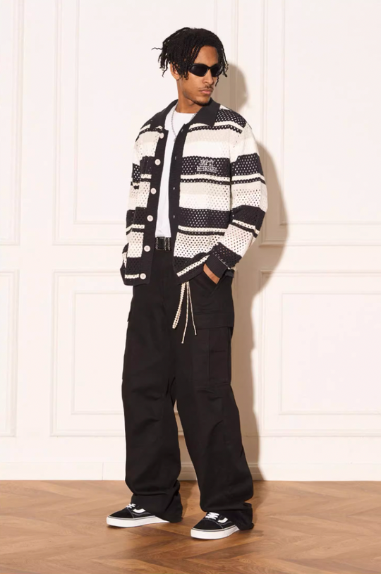 EMPTY REFERENCE Woven Striped Knit Cardigan