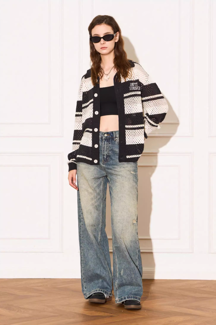 EMPTY REFERENCE Woven Striped Knit Cardigan