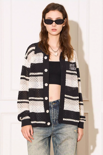 EMPTY REFERENCE Woven Striped Knit Cardigan