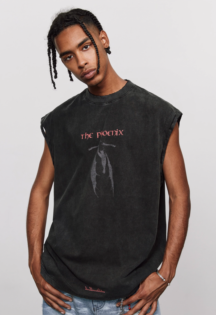 ANTIDOTE Washed Aged Phoenix Print Sleeveless Tee