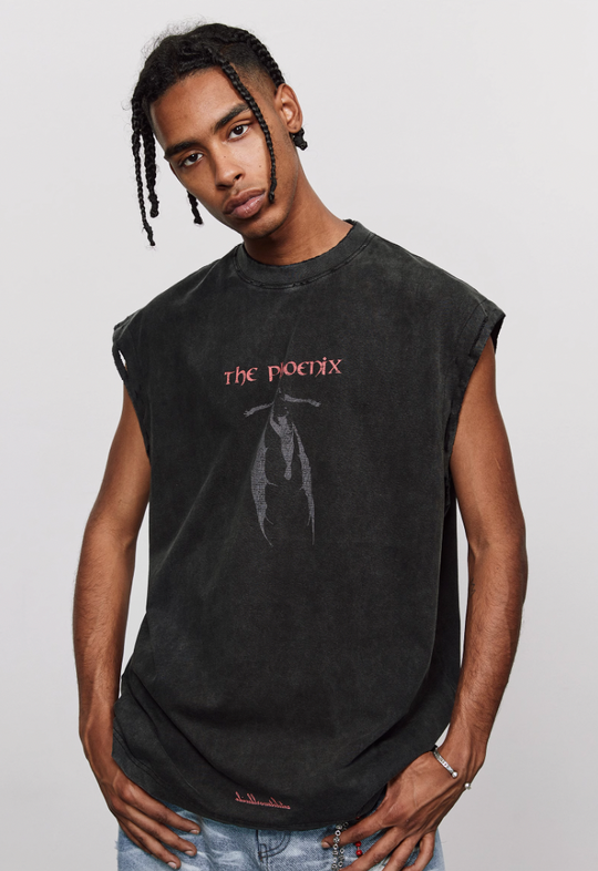 ANTIDOTE Washed Aged Phoenix Print Sleeveless Tee