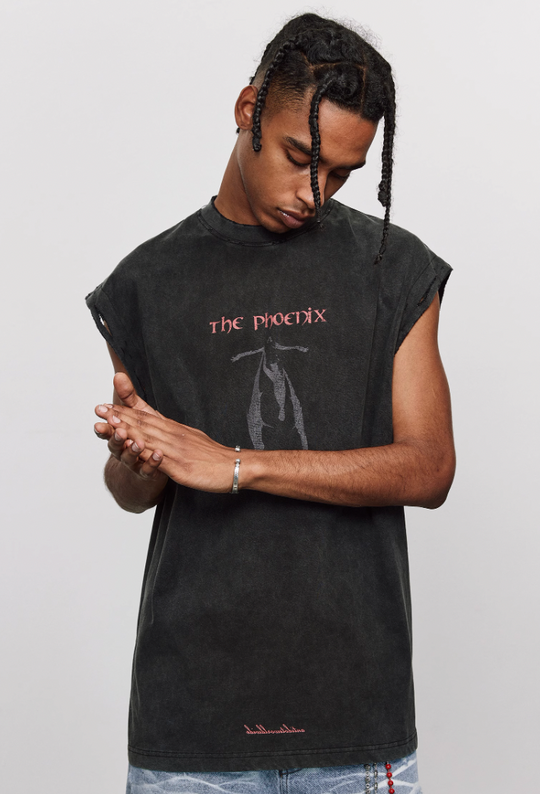 ANTIDOTE Washed Aged Phoenix Print Sleeveless Tee
