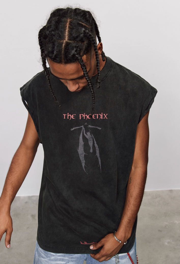 ANTIDOTE Washed Aged Phoenix Print Sleeveless Tee