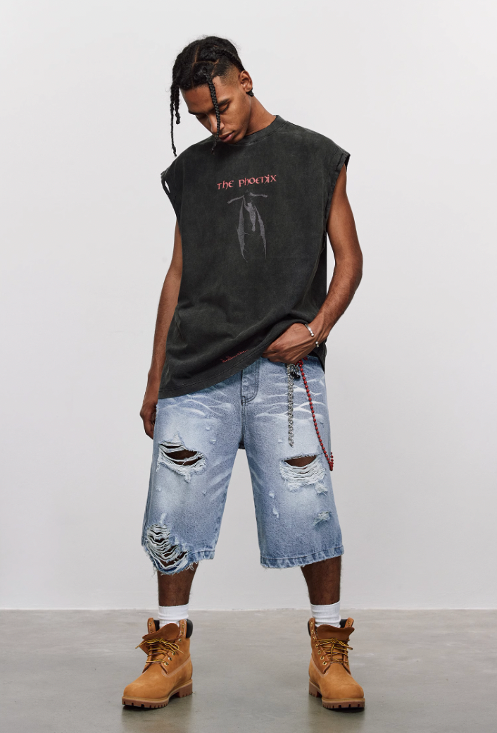 ANTIDOTE Washed Aged Phoenix Print Sleeveless Tee