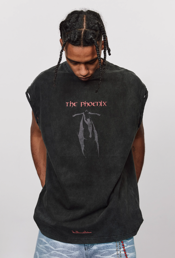 ANTIDOTE Washed Aged Phoenix Print Sleeveless Tee