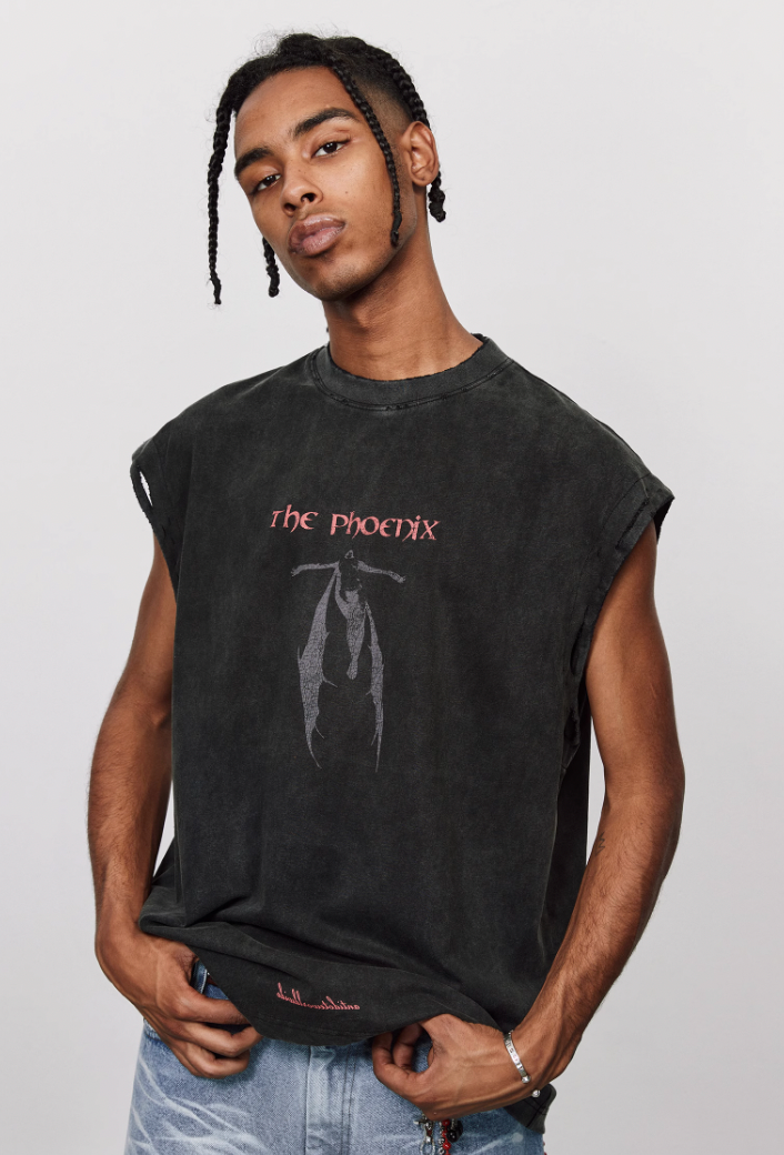 ANTIDOTE Washed Aged Phoenix Print Sleeveless Tee