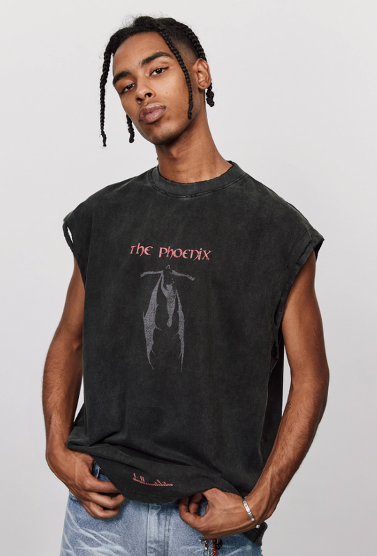 ANTIDOTE Washed Aged Phoenix Print Sleeveless Tee