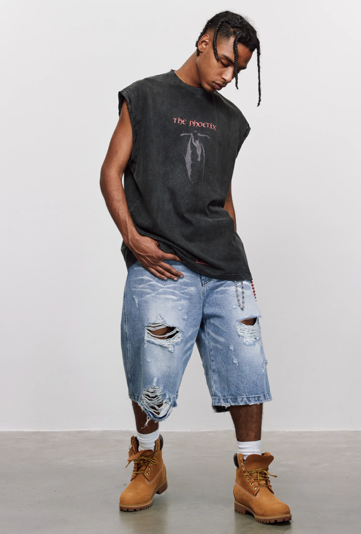 ANTIDOTE Washed Aged Phoenix Print Sleeveless Tee