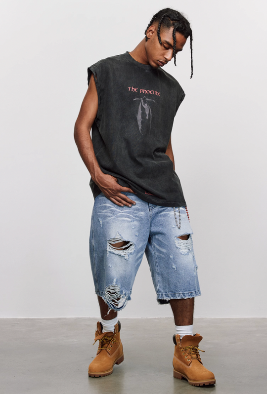 ANTIDOTE Washed Aged Phoenix Print Sleeveless Tee