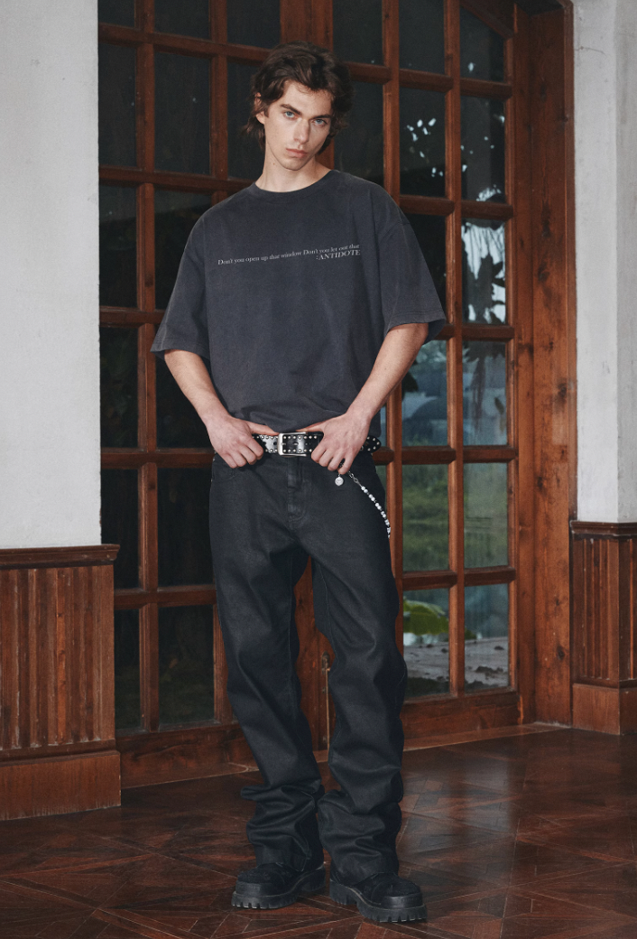 ANTIDOTE Coated Distressed Slim Fit Micro Flare Denim Jeans