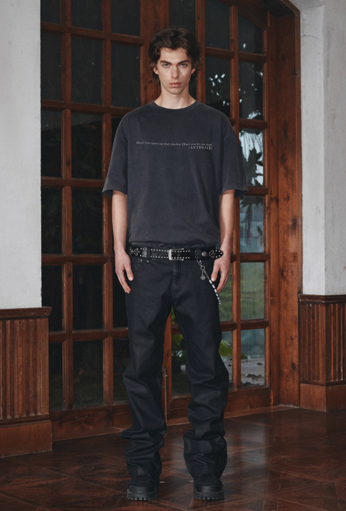 ANTIDOTE Coated Distressed Slim Fit Micro Flare Denim Jeans