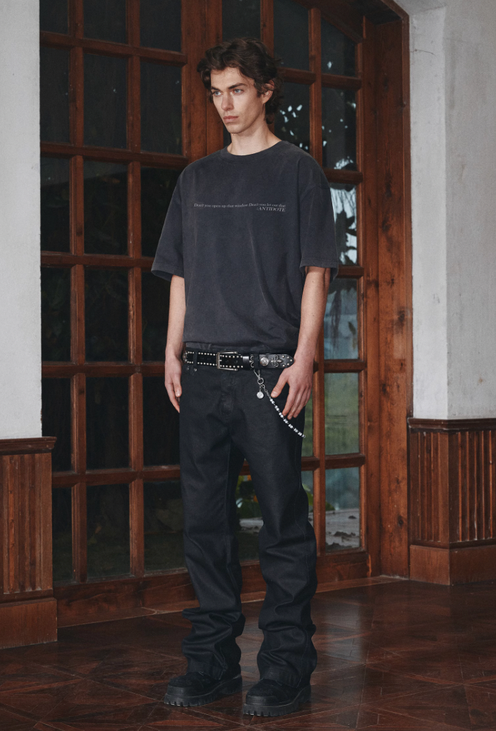 ANTIDOTE Coated Distressed Slim Fit Micro Flare Denim Jeans