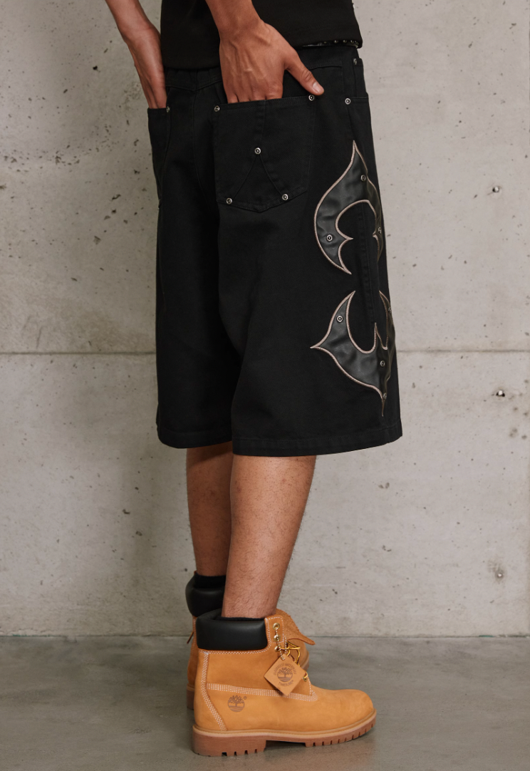 ANTIDOTE Leather Embroidered Studs Shorts Denim Jeans