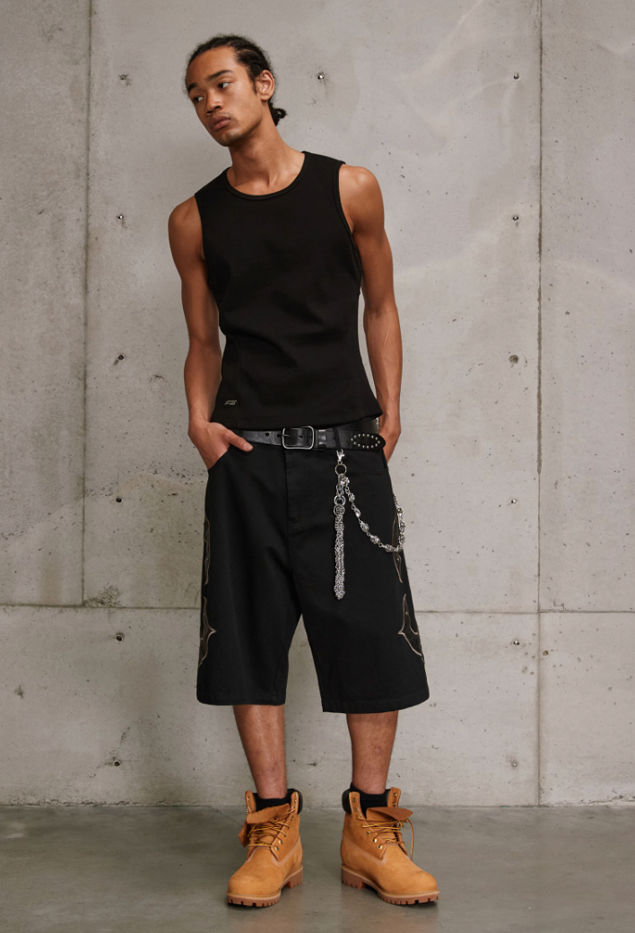 ANTIDOTE Leather Embroidered Studs Shorts Denim Jeans