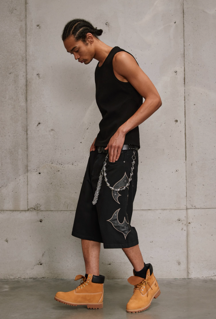 ANTIDOTE Leather Embroidered Studs Shorts Denim Jeans