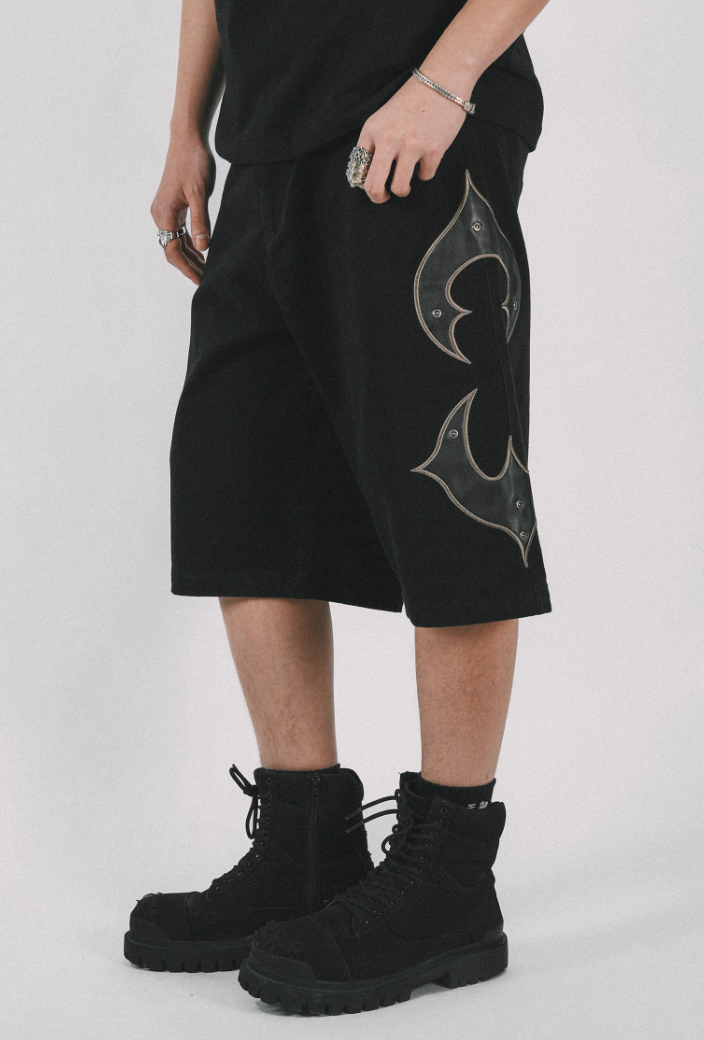 ANTIDOTE Leather Embroidered Studs Shorts Denim Jeans