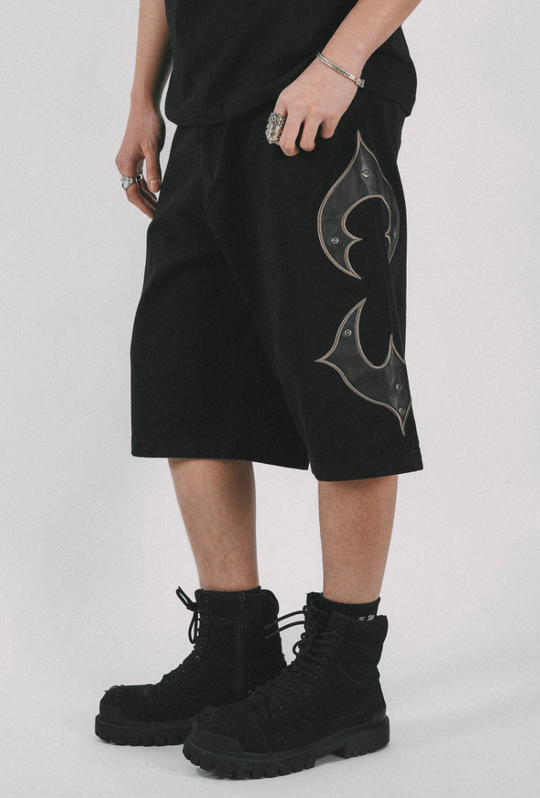 ANTIDOTE Leather Embroidered Studs Shorts Denim Jeans