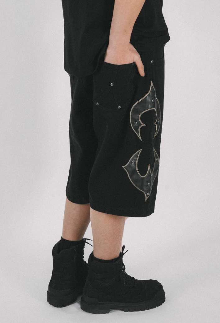 ANTIDOTE Leather Embroidered Studs Shorts Denim Jeans