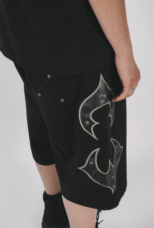 ANTIDOTE Leather Embroidered Studs Shorts Denim Jeans