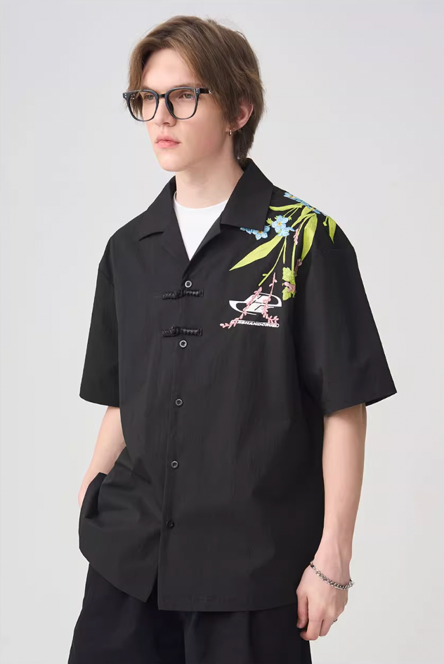 Harsh and Cruel Floral Embroidery Knots Cuban Shirt