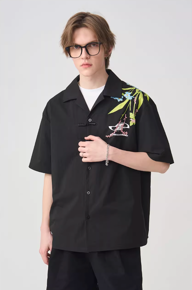 Harsh and Cruel Floral Embroidery Knots Cuban Shirt