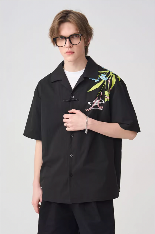 Harsh and Cruel Floral Embroidery Knots Cuban Shirt