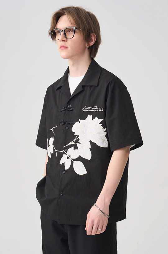 Harsh and Cruel Rose Patches Embroidered Cuban Shirt