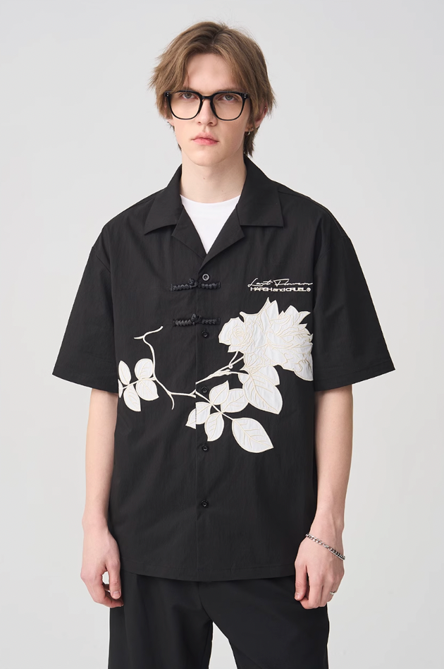 Harsh and Cruel Rose Patches Embroidered Cuban Shirt