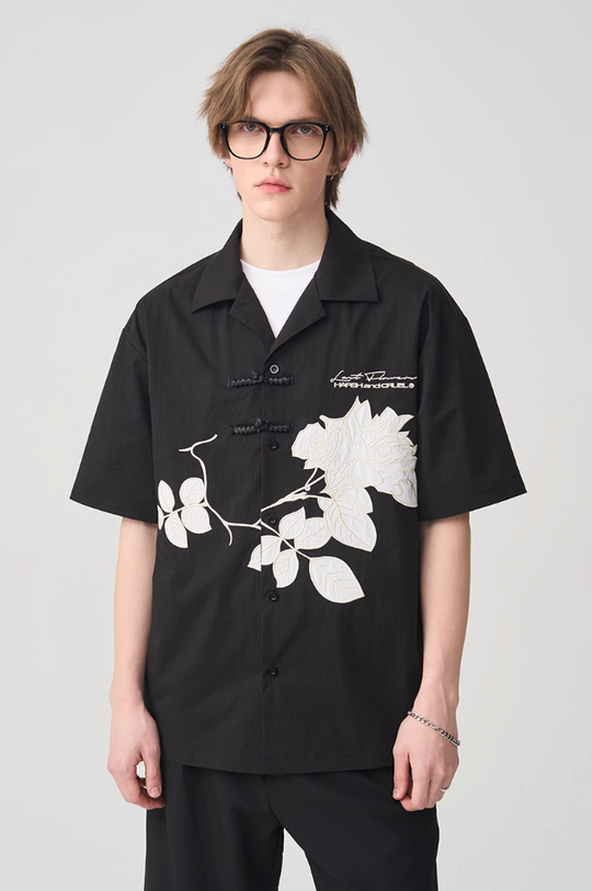 Harsh and Cruel Rose Patches Embroidered Cuban Shirt