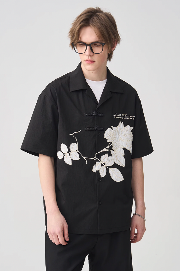Harsh and Cruel Rose Patches Embroidered Cuban Shirt